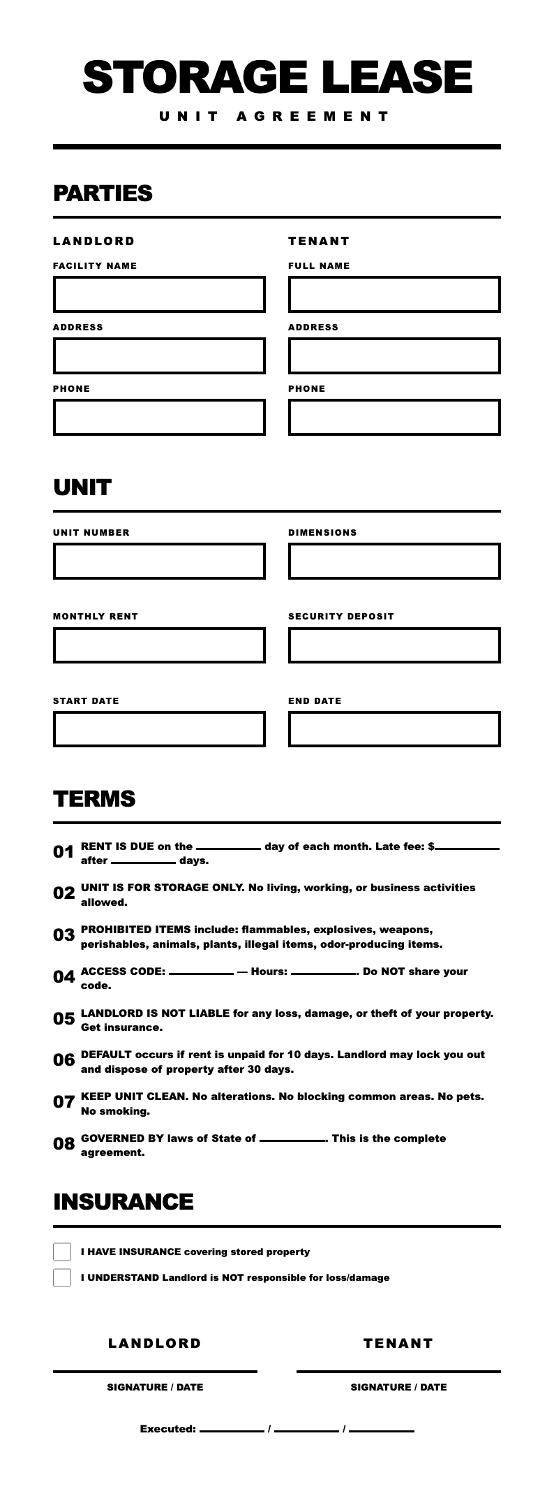 Typographic only storage unit lease agreement